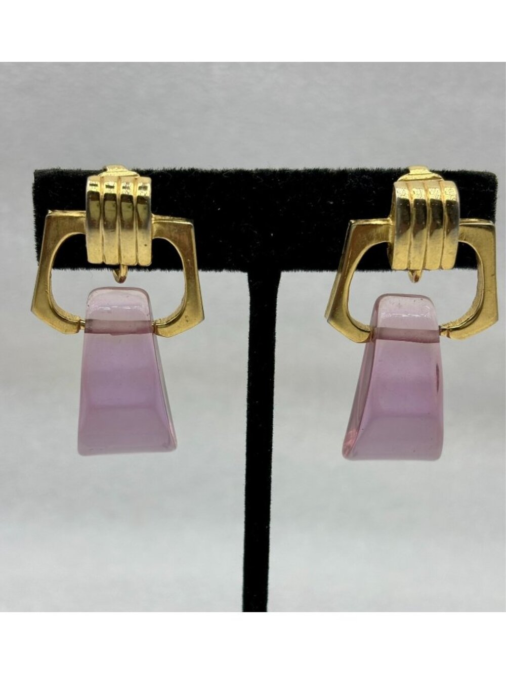 1970s Amethyst Color Lucite Doorknocker Earrings-Gold Tone